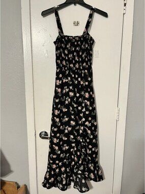 Hollister Black Floral Smocked Midi Dress Ruffle High Low Hem Pockets Womens